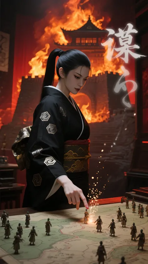 A cold and brilliant female tactician from the Sengoku era, standing before a battlefield map in a dimly lit war room. She moves miniature armies on the map with her fingertip, wearing a dark, elegant black kimono adorned with subtle traditional patterns l...