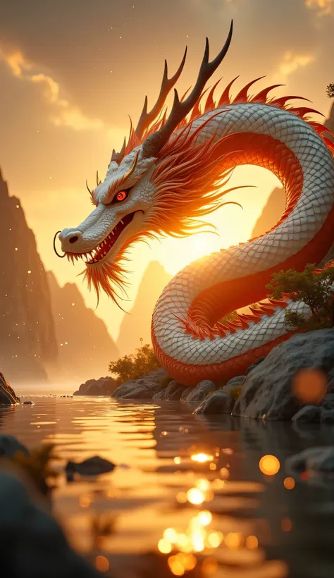 A majestic Chinese dragon with white and red scales gracefully gliding above a glowing water surface at sunset. Its long, sinuous body reflects on the rippling water, surrounded by warm golden light and scattered magical sparks. The sky glows softly in the...
