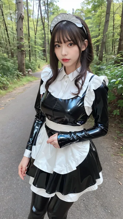 portrait,((Picture of a woman wrapped in a maid dress made of shiny latex)),(masterpiece, Best Quality , ultra fine),Highly detailed CG,(Eye makeup for long eyelashes),(( very beautiful Japanese women)),((latex maid headband)),((Shiny black latex long slee...