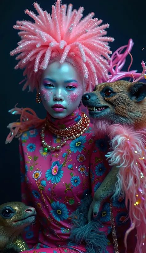 Strange and sinister African human albinos, with exotic predatory animals, friendly caress the beasts. hyperrealistic artist, inst ax, playful performance art, atmospheric installations, iconic fashion, colorful costumes, Supercolor Intense, solar punk. Co...