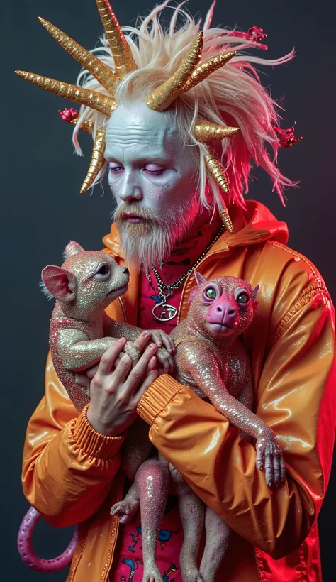 Strange and sinister African human albinos, with exotic predatory animals, friendly caress the beasts. hyperrealistic artist, inst ax, playful performance art, atmospheric installations, iconic fashion, colorful costumes, Supercolor Intense, solar punk. Co...