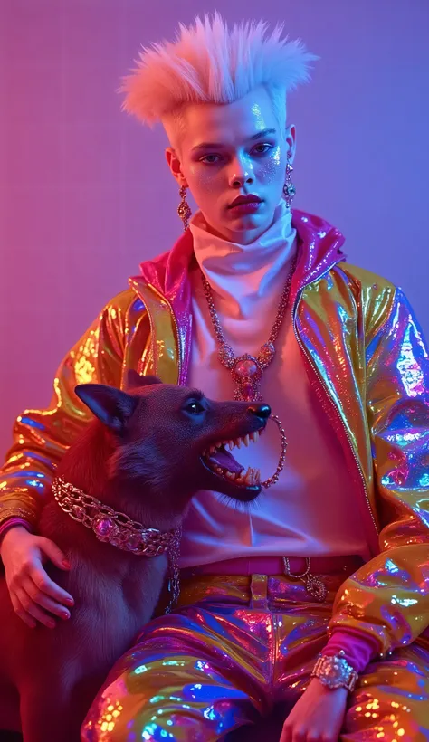 Strange and sinister African human albinos, with exotic predatory animals, friendly caress the beasts. hyperrealistic artist, inst ax, playful performance art, atmospheric installations, iconic fashion, colorful costumes, Supercolor Intense, solar punk. Co...