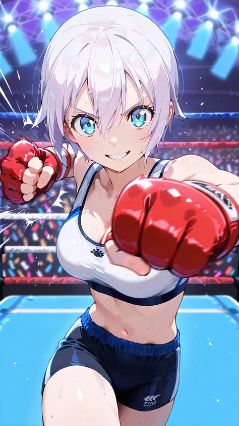 lisanna strauss, short hair, blue eyes, hair between eyes, white hair,, solo, Detailed eyes, white sports bra, black sports very short spats, white fingerless gloves, thigh, cleavage, slim long legs, medium breast, serious grin, looking at viewer, Detailed...