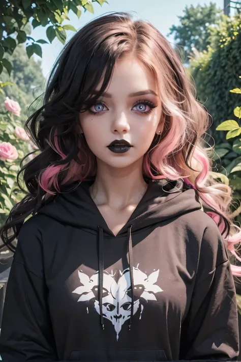 1 woman (multicolored hair: white + light pink + black), long hair, (curly hair), (Pink Eyes), [Glowing Eyes], [Dreamy Big Eyes], (wearing) (hoodie covering the body) & (pants), (gothic eyes), (gothic black lipstick), (upper body), in garden