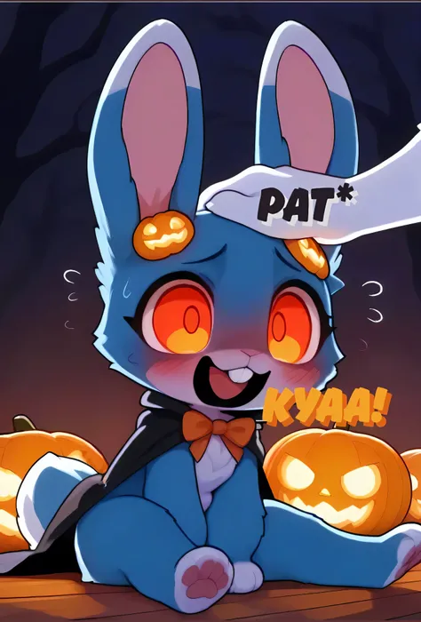 [🐰KuroRabbi] [Mini-Cute Style] - masterpiece, ultra-detailed, 4K render, Halloween night, warm cozy candlelight, glowing jack-o-lanterns, wooden floor, spooky but cute indoor setting, 2_characters, KuroRabbi and ghost_girl together, two characters, chibi s...