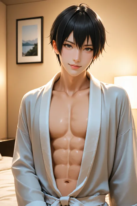 Best Quality, ultra detailed, Photo realstic,
(solo boy), black hair, slim, idol, private, clandestine meeting in hotel room, bathrobe, looking for viewer, abs, seducing, (smirk:0.6)