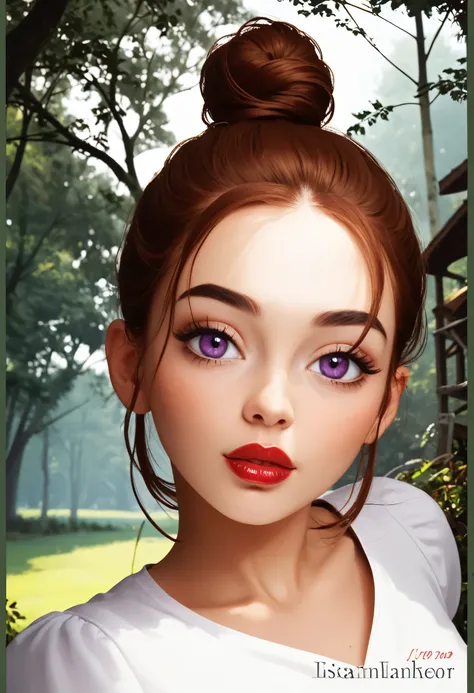 forest, 1girl, (perfect face), (big top knot hair), dark brown hair, black eyebrows, thin eyebrows, black eyeliners, big eyes, purple eyes, blush, bright red lips, thick lips, v-neck shirt, white v-neck shirt, medium breasts
