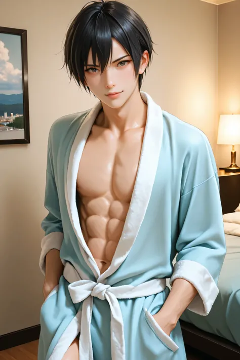 Best Quality, ultra detailed, Photo realstic,
(solo boy), black hair, slim, idol, private, clandestine meeting in hotel room, bathrobe, looking for viewer, abs, seducing, (smirk:0.5)