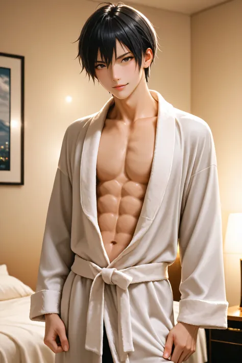 Best Quality, ultra detailed, Photo realstic,
(solo boy), black hair, slim, idol, private, clandestine meeting in hotel room, bathrobe, looking for viewer, abs, seducing, (smirk:0.5)