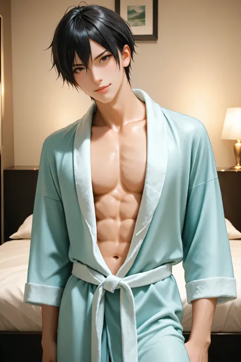 Best Quality, ultra detailed, Photo realstic,
(solo boy), black hair, slim, idol, private, clandestine meeting in hotel room, bathrobe, looking for viewer, abs, seducing, (smirk:0.5)