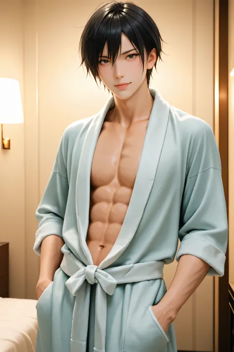 Best Quality, ultra detailed, Photo realstic,
(solo boy), black hair, slim, idol, private, clandestine meeting in hotel room, bathrobe, looking for viewer, abs, seducing, (smirk:0.5)