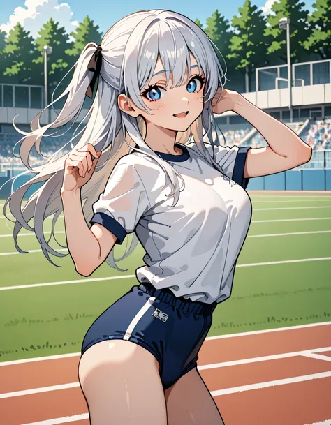 (score_9, score_8_up, score_7_up), source_Anime, absurd_res, white, blue, black, 1girls, solo, multiple girls, upper body, super fine illustration, an extremely delicate and beautiful, best quality, masterpiece, 8K, spring setting, on the school Athletic F...
