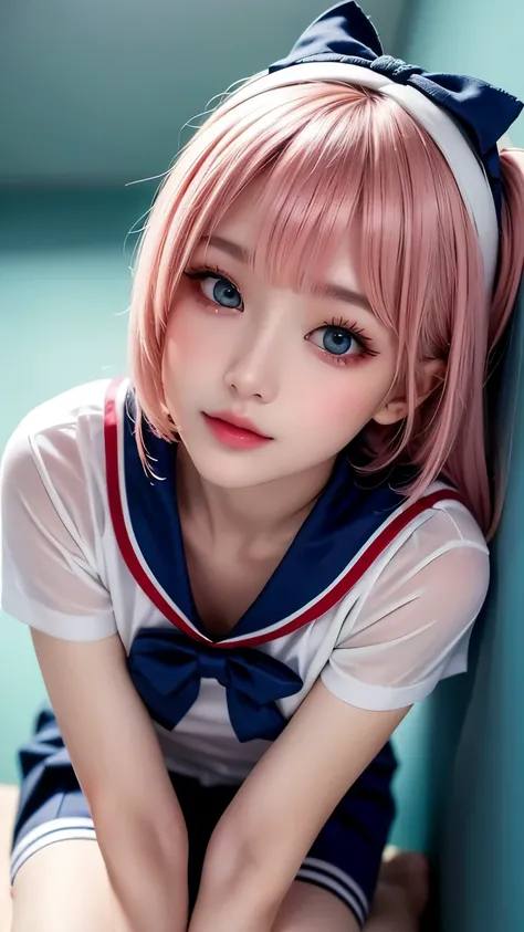 8k, Masterpiece, Top Quality, medium shot, slightly high angle, woman, short light blue hair with bangs and pink cross-shaped hair clip, bright blue eyes, gentle expression, looking up at viewer, wearing white sailor uniform with dark blue collar and bow, ...