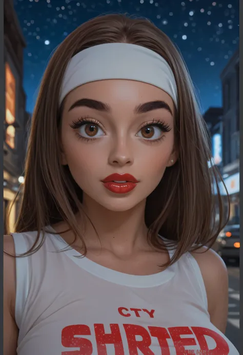 night sky, city street, (female african, colored skin, brown skin), perfect face, straight hair, red hair, white headband, black eyebrows, thick eyebrows, black eyelashes, black eyeliners, big eyes, light brown eyes, bright red lips, thick lips, (surprised...