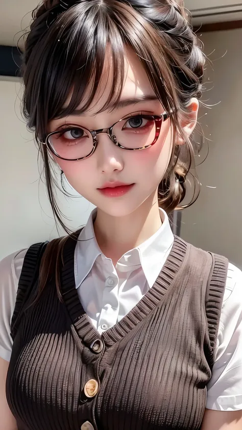 ((Highest Quality、masterpiece、high sensitivity、high definition、detailed depiction、depicting a delicate face、Fvalue:6.0),((Slender Woman、wearing glasses)), knitted vest、With Peko-chan's expression、