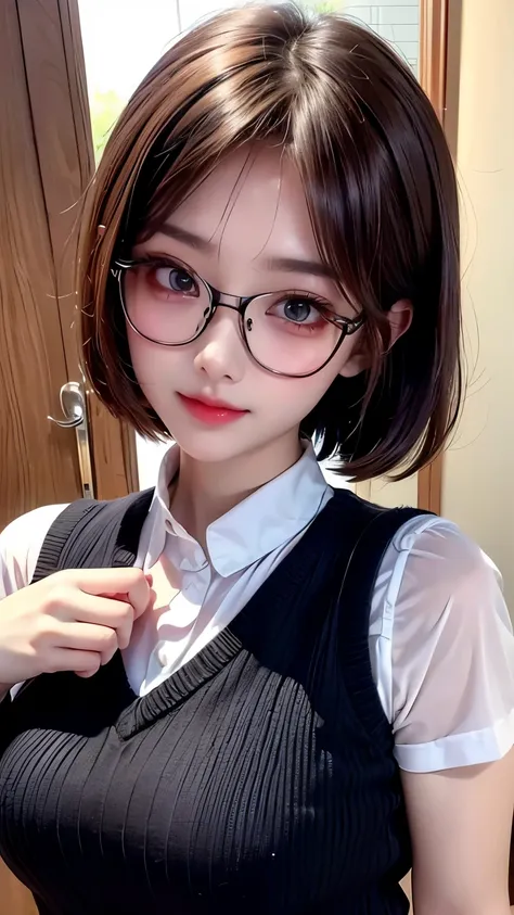 ((Highest Quality、masterpiece、high sensitivity、high definition、detailed depiction、depicting a delicate face、Fvalue:6.0),((Slender Woman、wearing glasses)), knitted vest、With Peko-chan's expression、