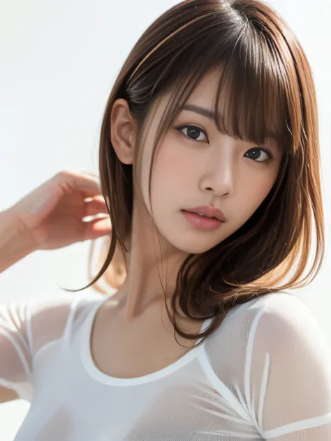 A beautiful young Japanese Idol, model-like appearance, cowboy shot, (All over the body is wet), (Wear a wet wet white shirt), (uneven bangs with brown ash hair), (white background), realistic skin texture, sun light, natural lighting, radiant skin, ethere...