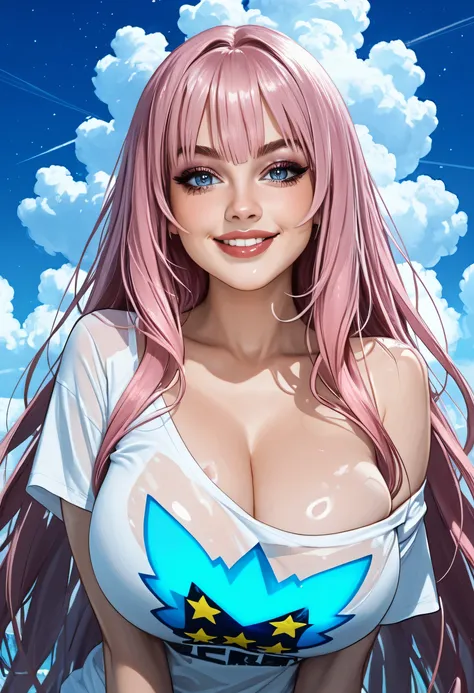 ((stars light, cloud sky)), perfect face, feminine, ((very long hair, pink smooth hair)), pink eyebrows, (thin eyebrows), ((glowing blue eyes)), black eyeliners, purple eyeshadows, nose, dark red lips, big smile, beautiful face, collarbone, cleavage, huge ...