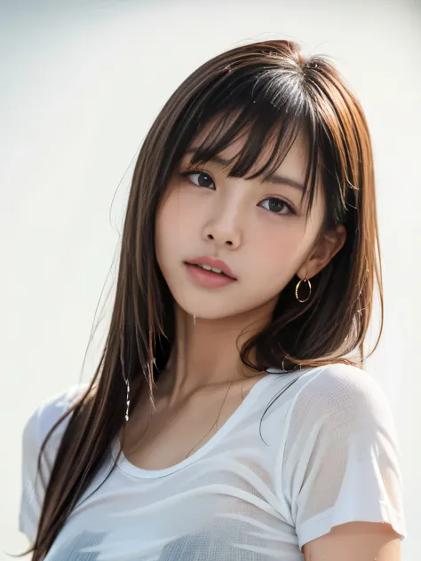 A beautiful young Korean Idol, model-like appearance, cowboy shot, (All over the body is wet), (Wear a wet wet white shirt), (uneven bangs with brown ash hair), (white background), realistic skin texture, sun light, natural lighting, radiant skin, ethereal...