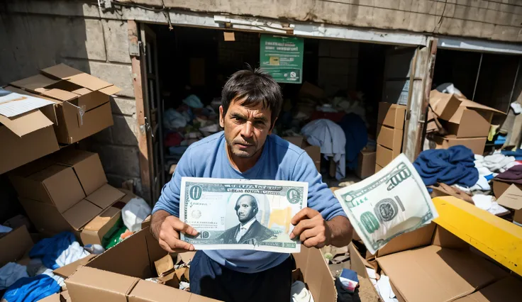 man in the dump, position in the middle of the frame, holding a banknote, ragged clothes,
