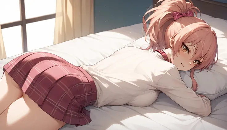 An image of Mika Jougasaki , long hair and ponytail, wearing a white shirt with collar and buttons and a short pink plaid school skirt , posing erotically standing in a room , Lying on the edge of a bed with her legs , back view 