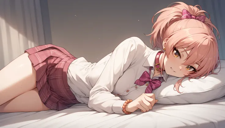 An image of Mika Jougasaki , long hair and ponytail, wearing a white shirt with collar and buttons and a short pink plaid school skirt , posing erotically standing in a room , Lying on the edge of a bed with her legs 