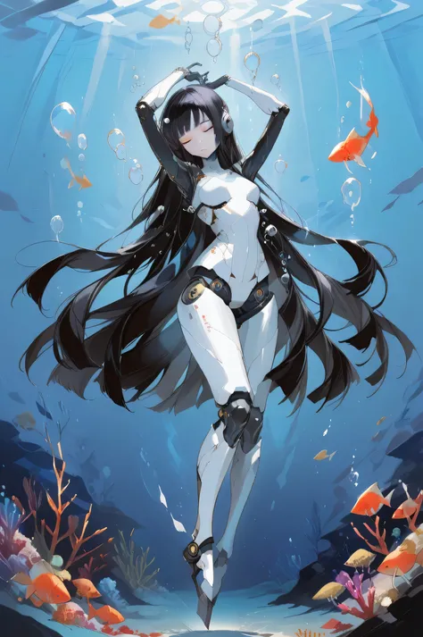 masterpiece, best quality, 1girl, long hair, very long hair, closed eyes, (android), full body, underwater, bangs, black hair, arms up, expressionless, fish, mechanical arms, mechanical legs, joints, bubble,
