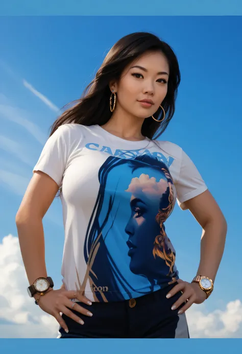 watch, wristwatch, 1girl, jewelry, bracelet, hand on hip, solo, shirt, blue background, wristband, blue sky, earrings, hands on hips, sky, black hair, lips, t-shirt, bangle, realistic, day, long hair, nose, asian, short sleeves, large breasts