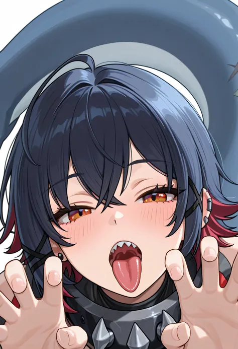 Ellen_Joe_(Zenles Zone Zero), tail shark, shark girl, piercing, ear piercing, 1 girl, alone, head only pose, hands, doing peace pose, detailed mouth, beautiful mouth, sticking out tongue, semi-blush, detailed eyes, beautiful eyes, detailed iris, beautiful ...