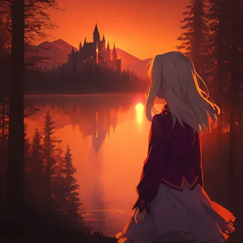 1girl, white hair, long hair, red eyes, illyasviel von einzbern, purple ascot, purple shirt, collared shirt, long sleeves, white skirt, frilled skirt, medium skirt, cowboy shot, sunny, evening, orange sky, orange red theme, bright orange theme, lelst0_illu...