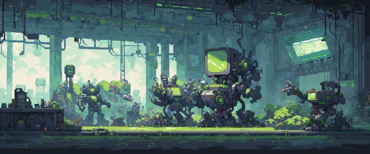 green laboratory, wallpaper, ultra quality,  Machines, robots and steel, arte em pixel, sidescroller, pixel art, futurista, cyberpunk congelado