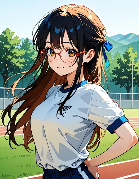 (score_9, score_8_up, score_7_up), source_Anime, absurd_res, white, blue, black, 1girls, solo, multiple girls, upper body, super fine illustration, an extremely delicate and beautiful, best quality, masterpiece, 8K, spring setting, on the school Athletic F...