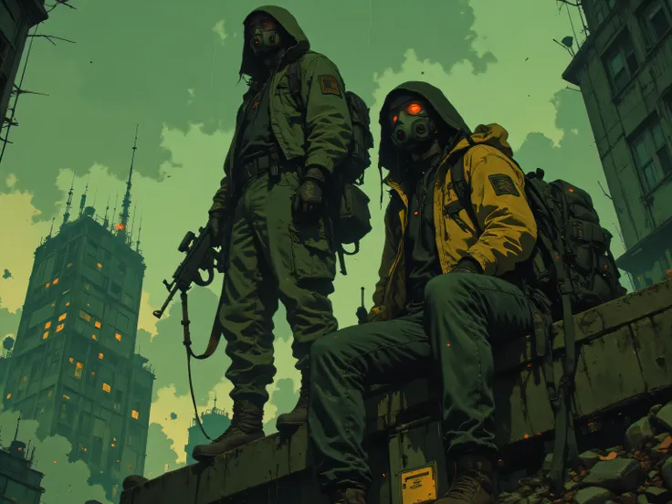 On the ledge of a building, two young men in an absurd survival scenario. One is tall, muscular and confident with a rifle in his hands: an ex-military man; as the second is frail, even a little stooped, carrying a heavy bag with a lot of electronic rubble...