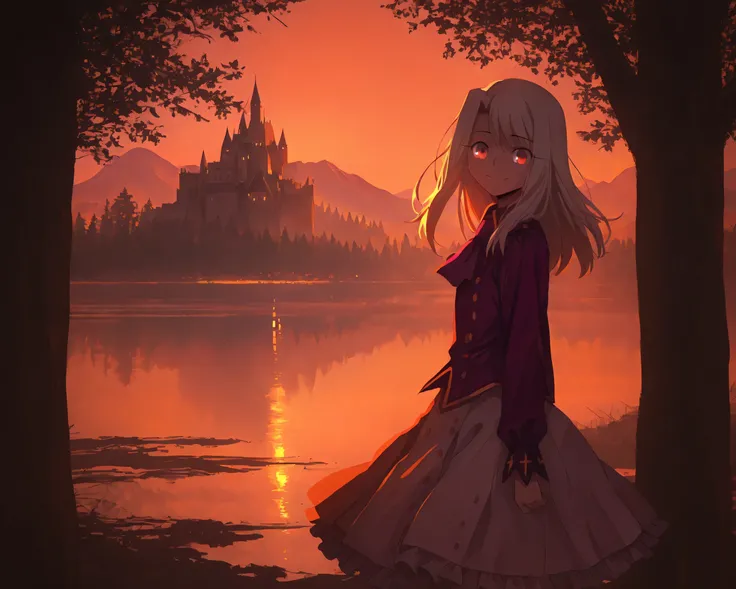 1girl, white hair, long hair, red eyes, illyasviel von einzbern, purple ascot, purple shirt, collared shirt, long sleeves, white skirt, frilled skirt, medium skirt, cowboy shot, sunny, evening, orange sky, orange red theme, bright orange theme, lelst0_illu...