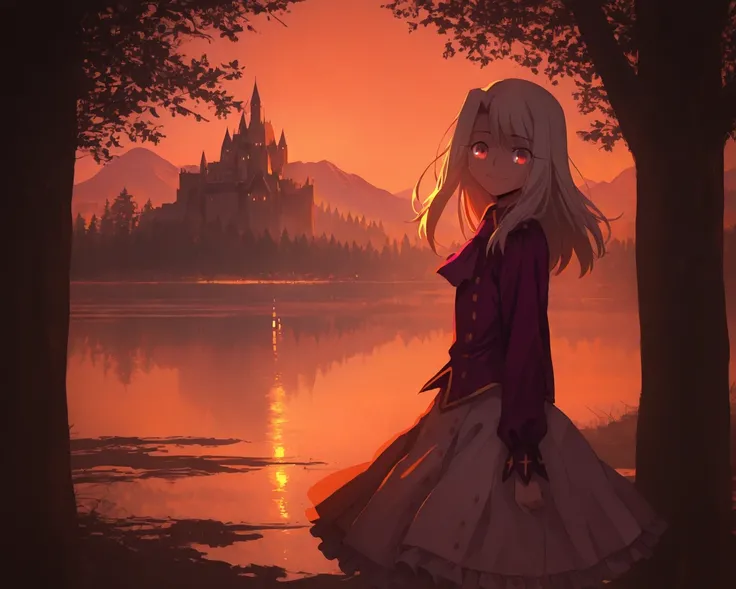 1girl, white hair, long hair, red eyes, illyasviel von einzbern, purple ascot, purple shirt, collared shirt, long sleeves, white skirt, frilled skirt, medium skirt, cowboy shot, sunny, evening, orange sky, orange red theme, bright orange theme, lelst0_illu...