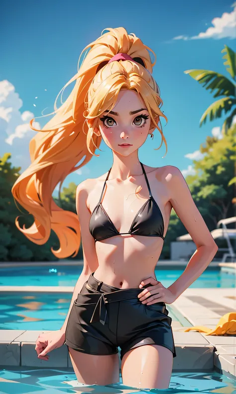 masterpiece, High facial detail, Piper Perri, a beautiful girl, thin and tall, skinny, blonde, curly hair, ponytail hair, brown eyes, flat chest, half body, portrait photo, wet skin, textured skin, sexy pose, neckline, black micro bikini, black shorts, sle...
