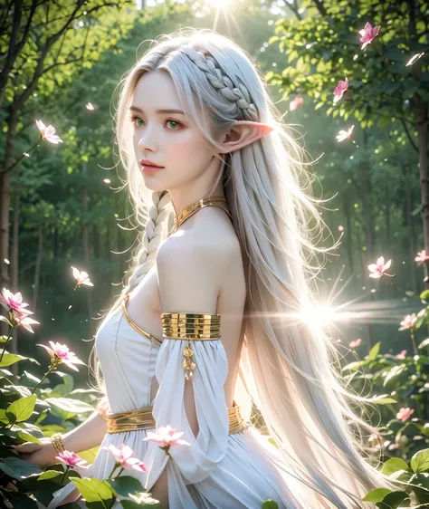 (masterpiece, best quality, high quality, highres, ultra-detailed), realistic,,1 sweet girl, the greater lord rukkhadevata, (side braid:1.1), long hair,((white hair)), leaf hair ornament, (pointy ears), elf, green eyes, pale skin, bare shoulders, (medium b...