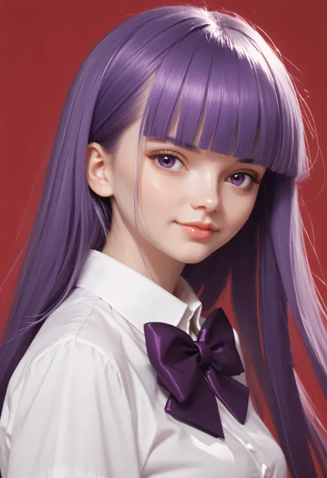 red background, purple hair, long hair, purple eyes, 1girl, solo, simple background, bow, blunt bangs, bangs, looking at viewer, bowtie, very long hair, upper body, shirt