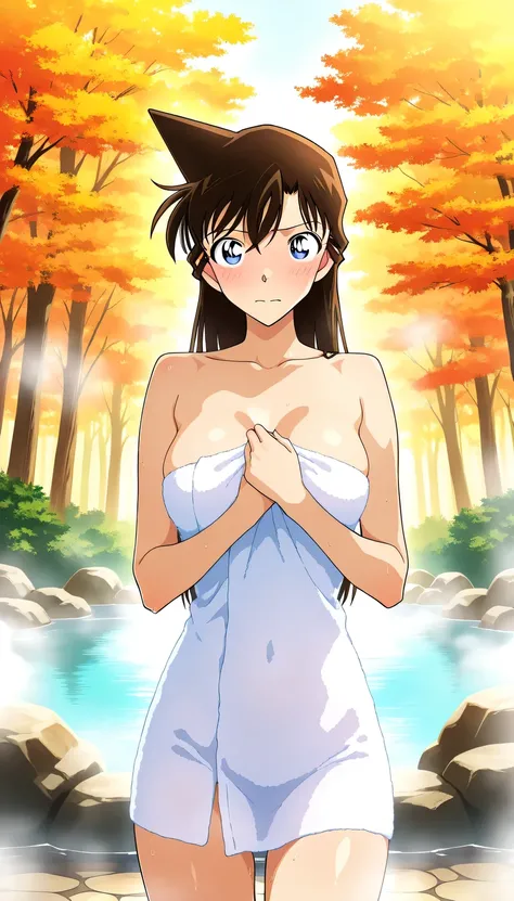 masterpiece,Highest Quality,{{details, beautiful face and eyes}}, 非常にdetailsな背景,
  Mouri Ran,long hair,brown hair,light blue eyes,A medium-sized bust surrounded by dense forest,Slender,skinny,Thin Body,
((Naked Towel)),chest,
solo,1 girl on break day,(is e...