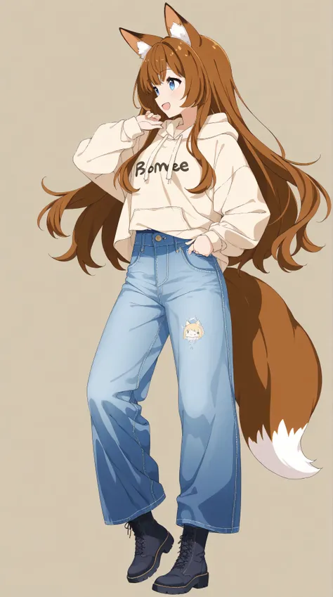    anime style、 cute face、  girl、 fox ears、 Caramel Brown Hair、tail、long hair、 beige hoodie、navy blue wide jeans、boots、blue eyes、smile、Profile、opens his mouth small on his right foot、standing、 arm roll up、Wide leg jeans, loose denim pants, street fashion,