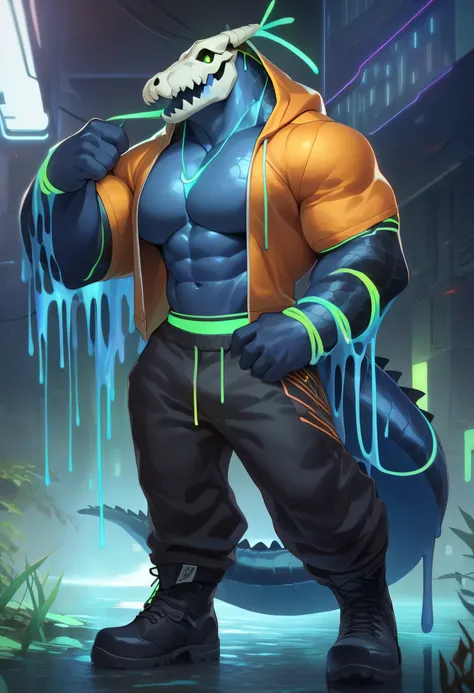 Cyberpunk, anthro, slime, dark blue slime body, water slime, alligator skull on head, boney alligator skull, green glowy eyes, short sleeves, opened up hoodie, hood, abs, hefty pecs, adjusting hoodie with hands, multicolor bar dance, futuristic, black lo...