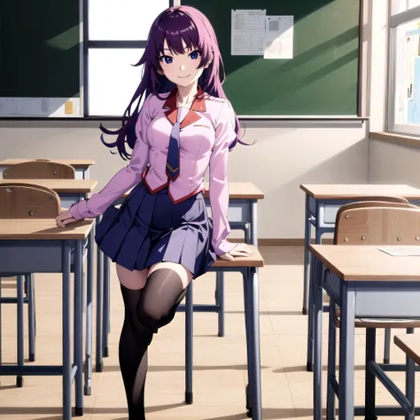 (masterpiece, Best Quality, detailed), 1 girl, solo, 戦場ヶ原ひたぎ, long hair, medium chest, bungs, to thigh, long sleeve, pink shirt, uniform, pleated skirt, ties, puff sleeve, black to thigh, absolute region with to, JULIET SLEEVE, naoetsu high uniform, indoo...