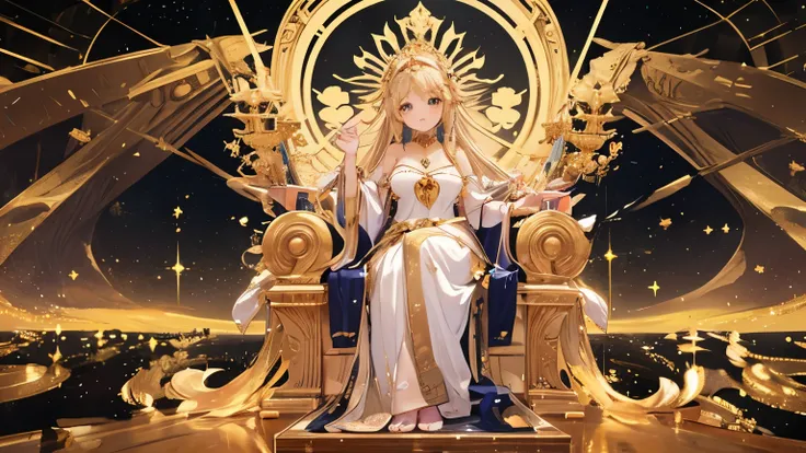 The background is a palace and a throne. There is a sacred goddess woman sitting on the throne. In front of the goddess, there is a pedestal on top of which is a golden ring with a golden sparkle, anime style.