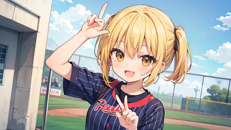 One woman、yellow hair、shortcut、one side tied up high on the head, anime style, cheerful expression.brown eyes in the bedroom、hanging eye、clothes are pinstripe shirts、miniskirt、Peace sign at the baseball field、standing、upper body、Outdoors、one side tied up h...