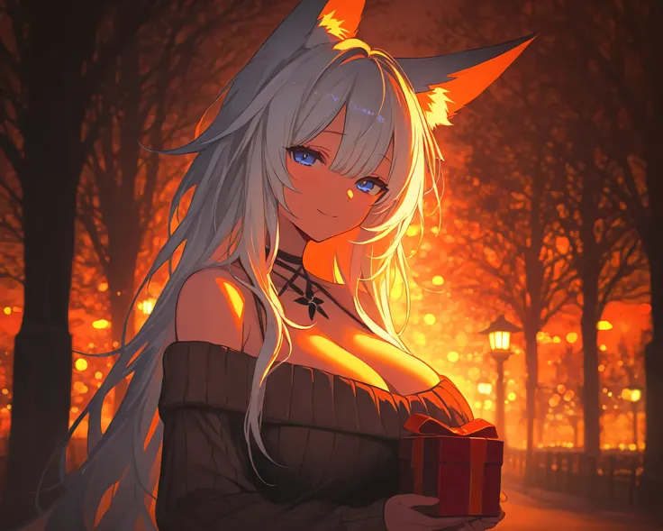 1girl, shinano \(azur lane\), alternate costume, bare shoulders, , box, breasts, brown sweater, cleavage, gift, gift box, hair between eyes, holding, holding box, holding gift,  large breasts, long hair, looking at viewer, long hair, off-shoulder sweater, ...