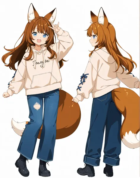    anime style、 cute face、  girl、 fox ears、 Caramel Brown Hair、tail、long hair、 beige hoodie、navy blue wide jeans、boots、blue eyes、smile、Profile、opens his mouth small on his right foot、standing、 arm roll up、Wide leg jeans, loose denim pants, street fashion,