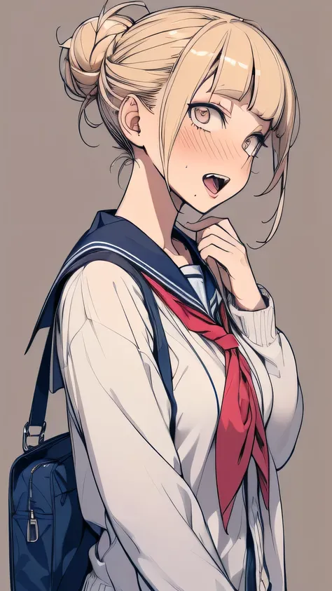 1girl artist_name bags_under_eyes blonde_hair blue_sailor_collar blush boku_no_hero_academia cardigan double_bun fangs hair_bun highres messy_hair narrowed_eyes nashimo_(drz_n) neckerchief open_mouth red_neckerchief sailor_collar school_uniform serafuku sl...