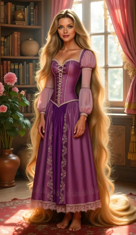 "Full-body portrait of Michelle Pfeiffer as Rapunzel from Disney's Tangled, with long flowing golden hair cascading around her feet, wearing Rapunzel’s signature purple and pink dress with lace-up bodice and puffed sleeves, standing barefoot in a stylized ...