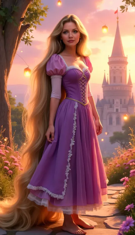 "Full-body portrait of Michelle Pfeiffer as Rapunzel from Disney's Tangled, with incredibly long flowing golden hair that glows softly, wearing a lavender and pink corset dress with puffed sleeves and lace details, standing barefoot in a magical stylized s...