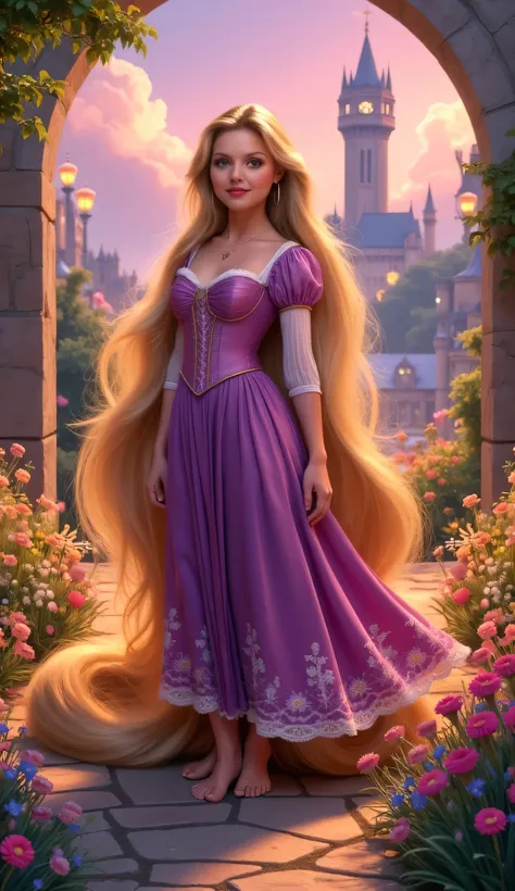 "Full-body portrait of Michelle Pfeiffer as Rapunzel from Disney's Tangled, with incredibly long flowing golden hair that glows softly, wearing a lavender and pink corset dress with puffed sleeves and lace details, standing barefoot in a magical stylized s...